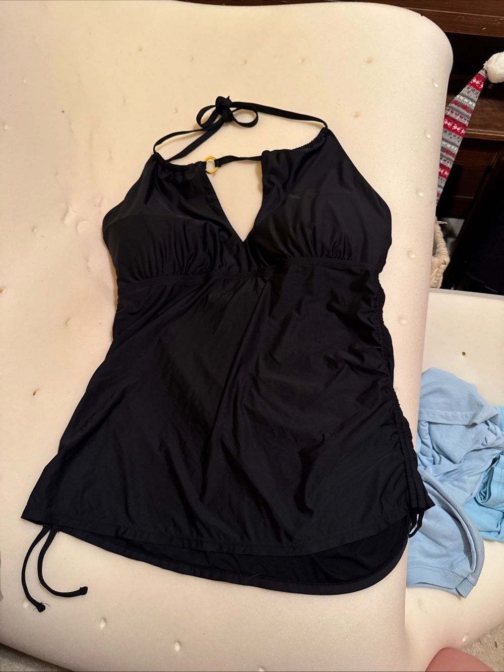 Atmosphere Black Solid Halter Tie Tankini Swim Top Ruched Side Drawstring 16